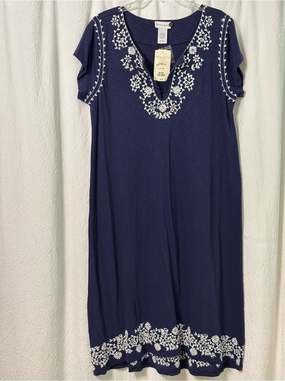 Soft Surroundings Navy Dress with White Floral Embroidery